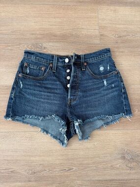 Levi's Dark Blue Distressed Button-Front Jean Shorts